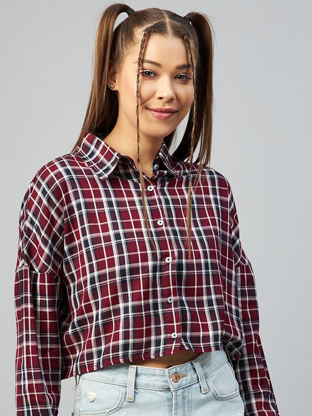 

CHIMPAAANZEE Women Maroon Relaxed Boxy Tartan Checks Checked Boxy Casual Shirt