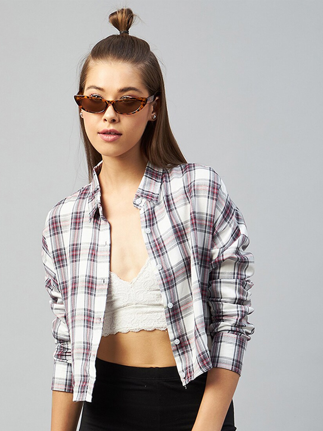 

CHIMPAAANZEE Women White Relaxed Boxy Tartan Checks Casual Crop Shirt