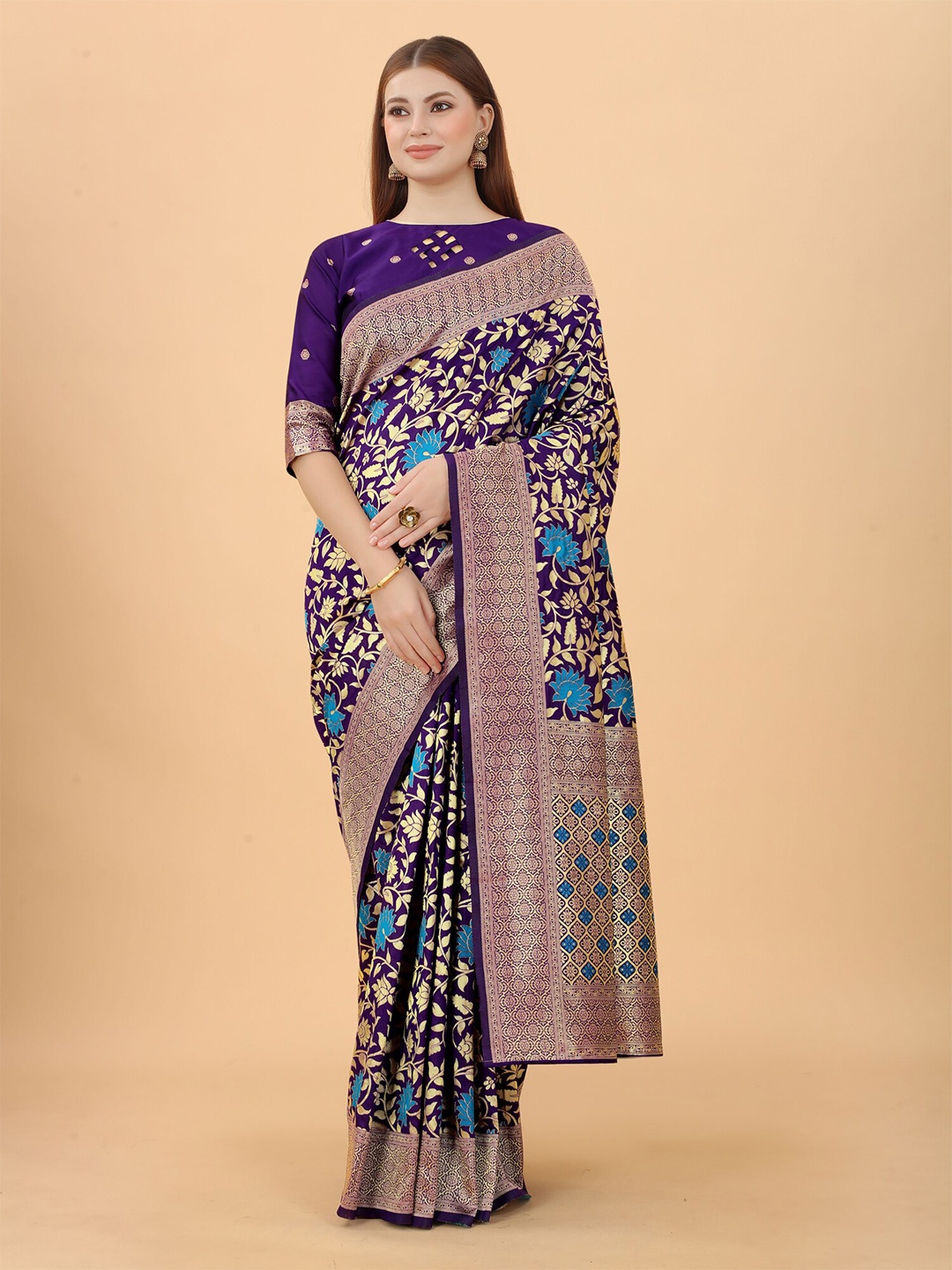 

WELL WORN Purple Woven Design Zari Silk Cotton Banarasi Saree