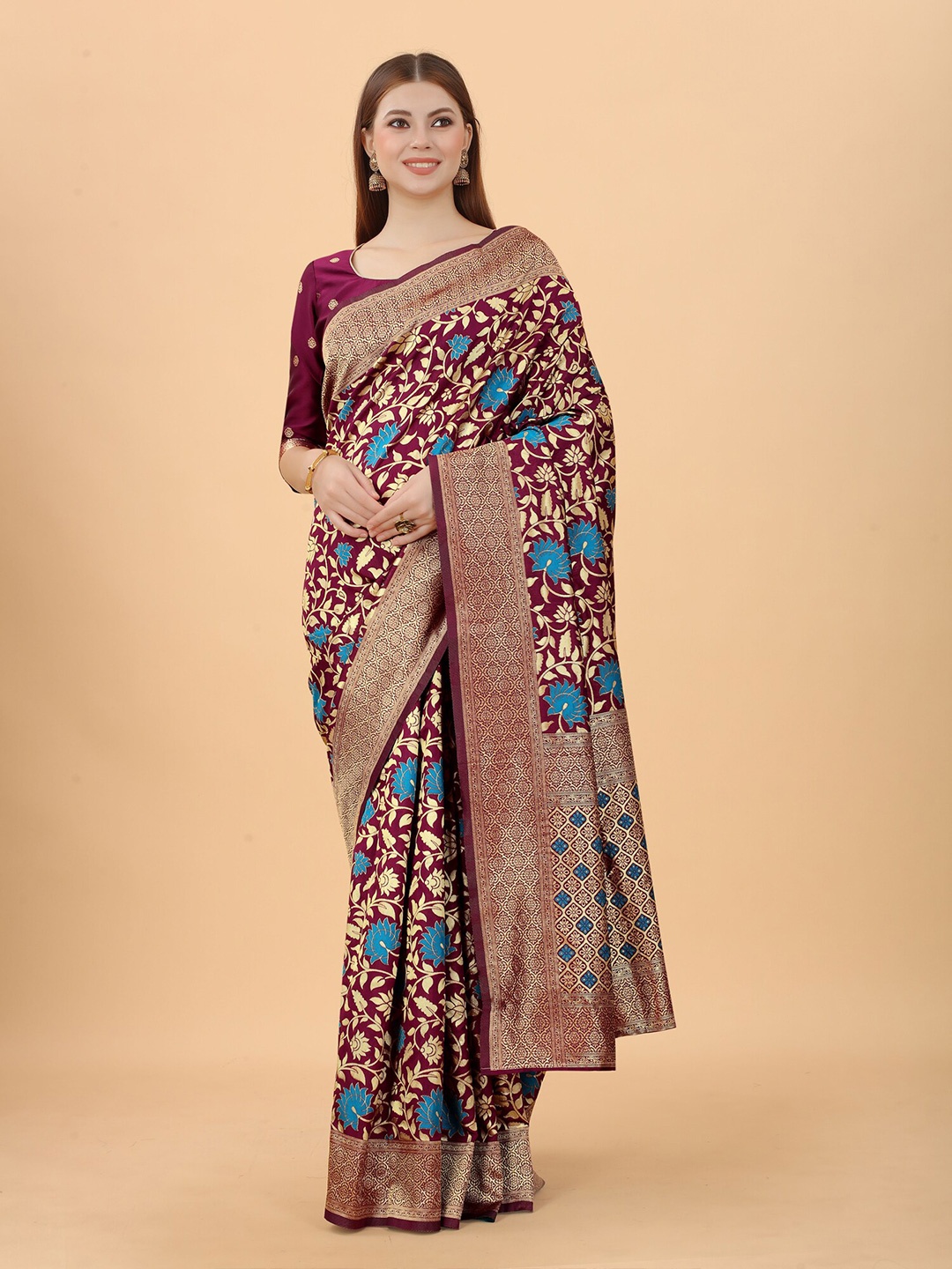 

WELL WORN Maroon & Blue Woven Design Zari Silk Cotton Banarasi Saree