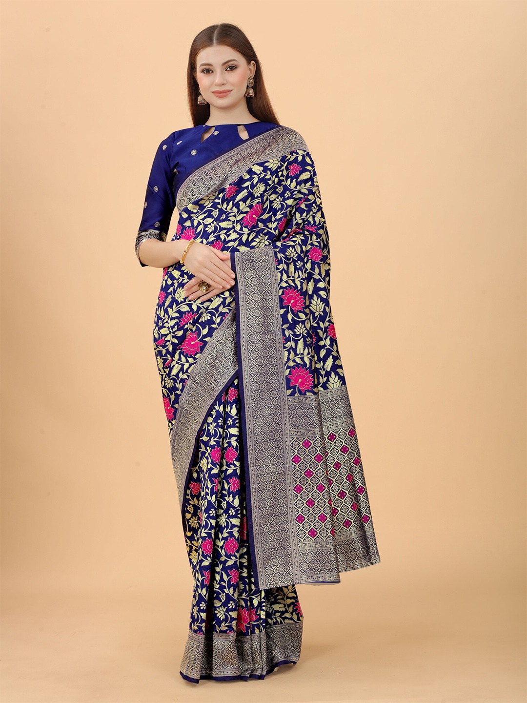 

WELL WORN Blue & Pink Woven Design Zari Silk Cotton Banarasi Saree