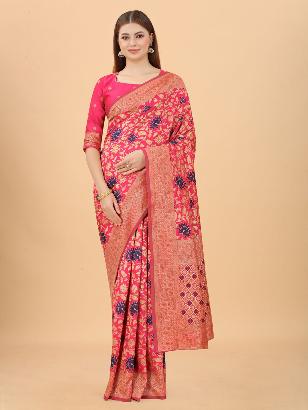 

WELL WORN Pink & Blue Floral Zari Silk Cotton Banarasi Saree