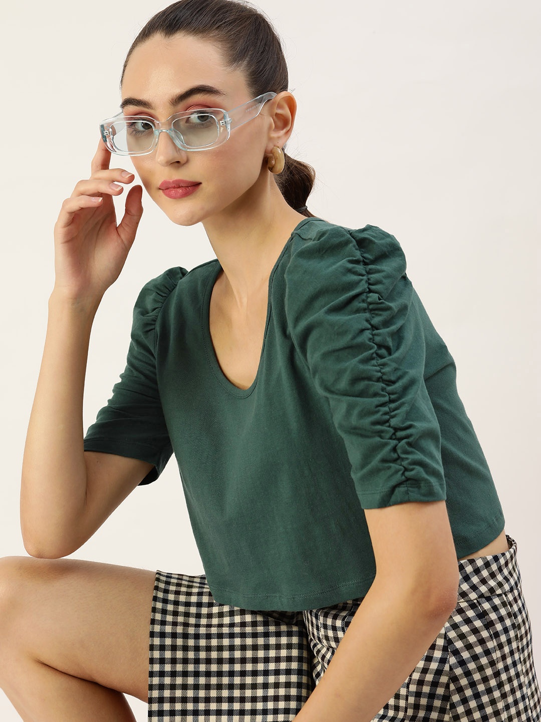

DressBerry Women Green Puff Sleeves Pure Cotton Crop Top