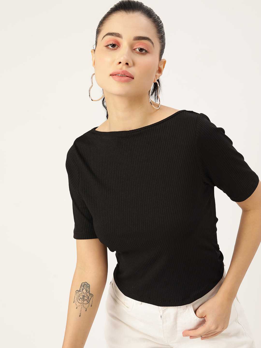 

DressBerry Women Black Solid Boat Neck Fitted Top