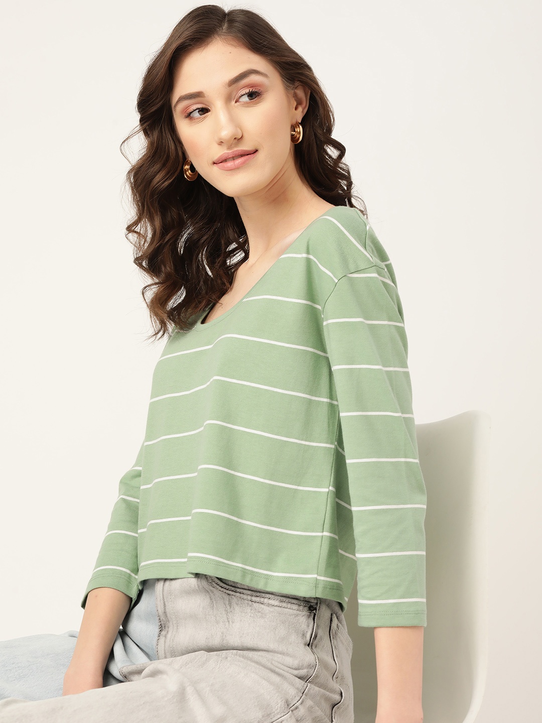 

DressBerry Green & White Striped Scoop Neck Long Drop-Shoulder Sleeves T-shirt