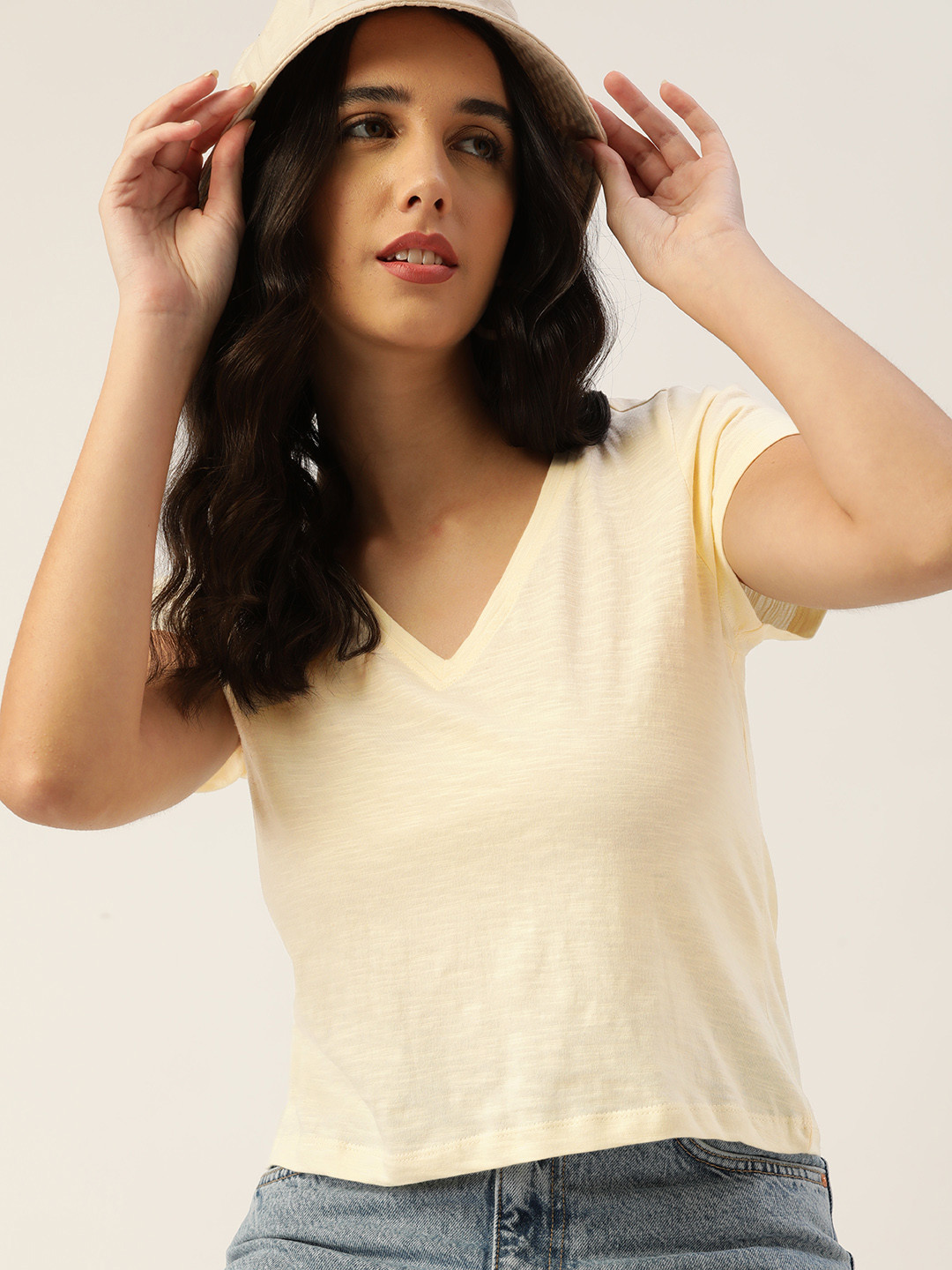 

DressBerry Women Cream-Coloured Slub Effect V-Neck Pure Cotton T-shirt