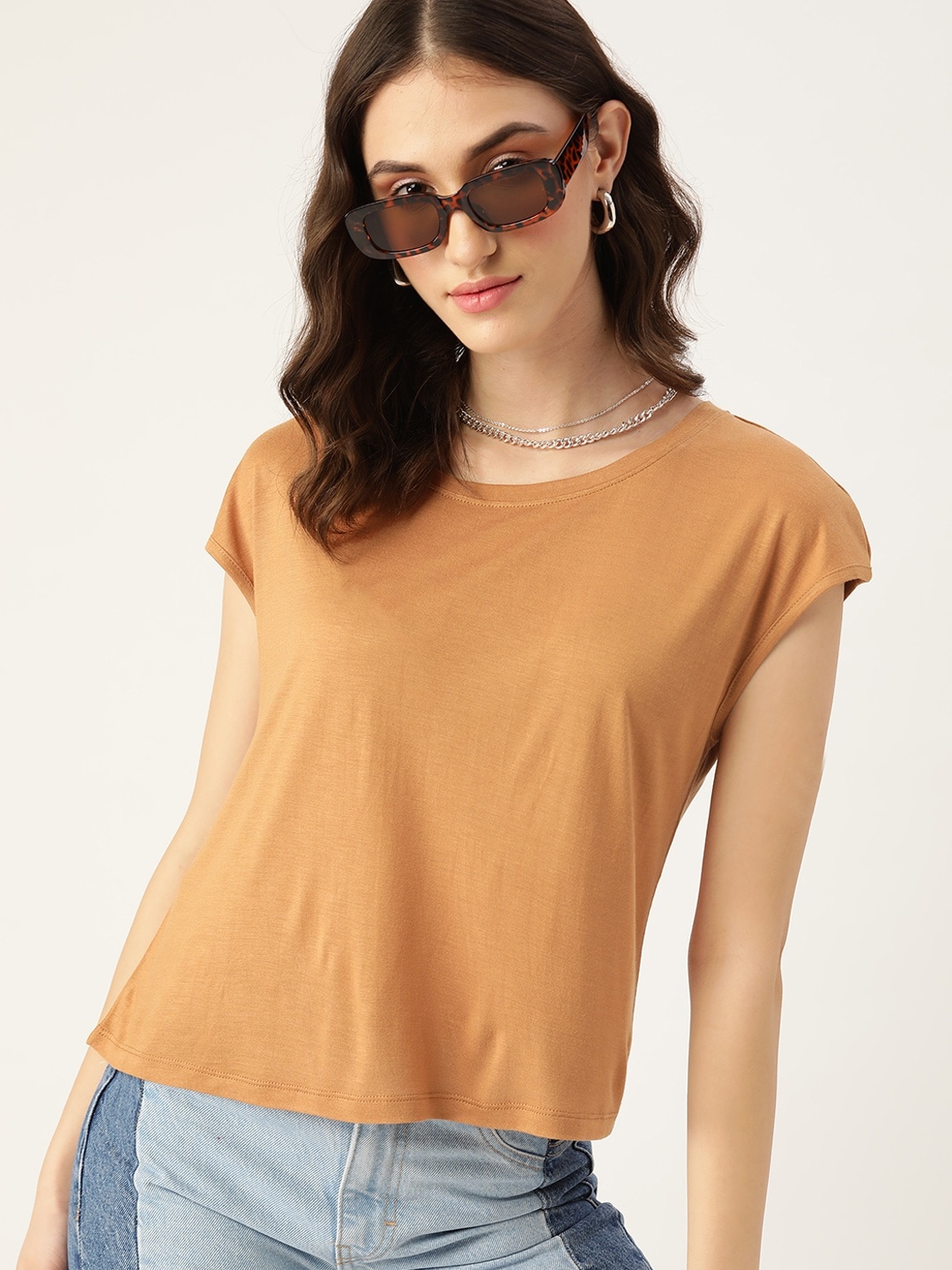 

DressBerry Women Khaki Solid Extended Sleeves Regular Fit T-shirt