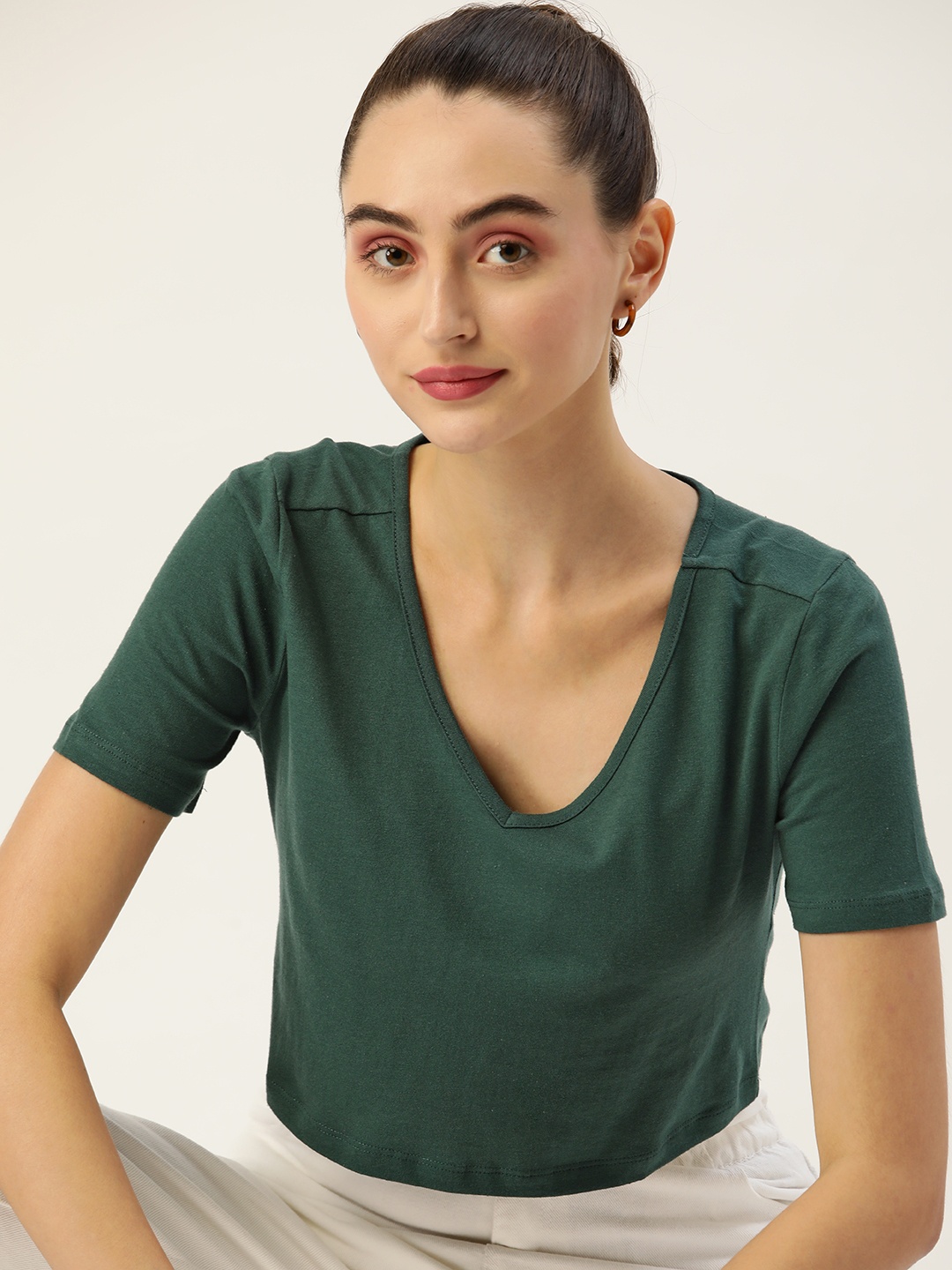

DressBerry Women Green V-Neck Pure Cotton T-shirt