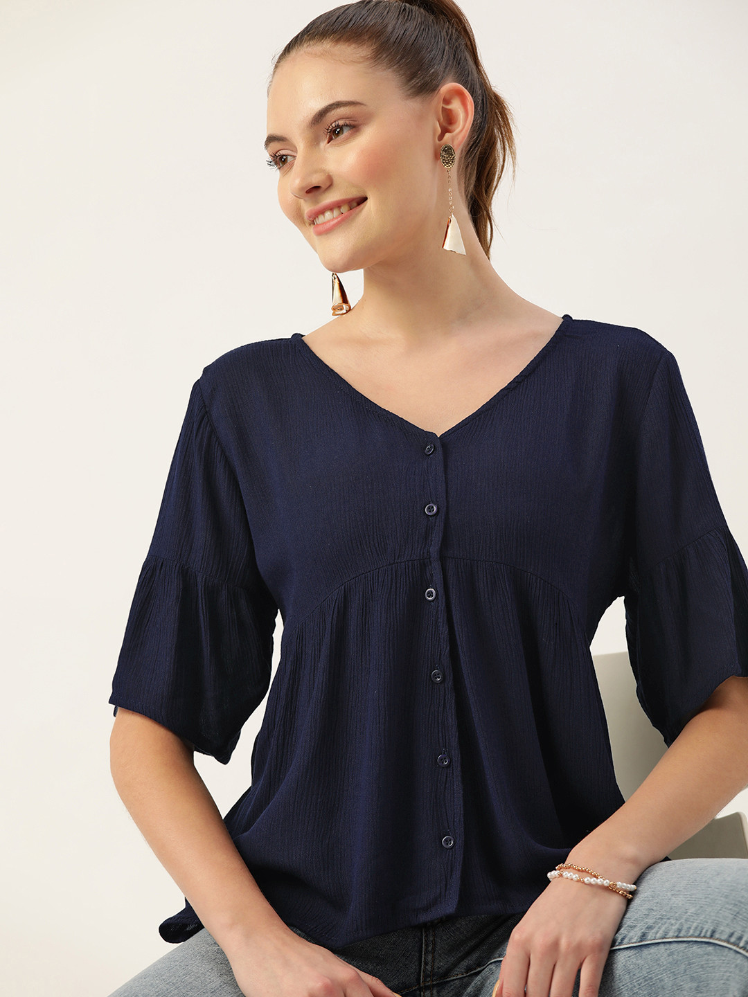 

DressBerry Navy Blue Solid V-Neck Top