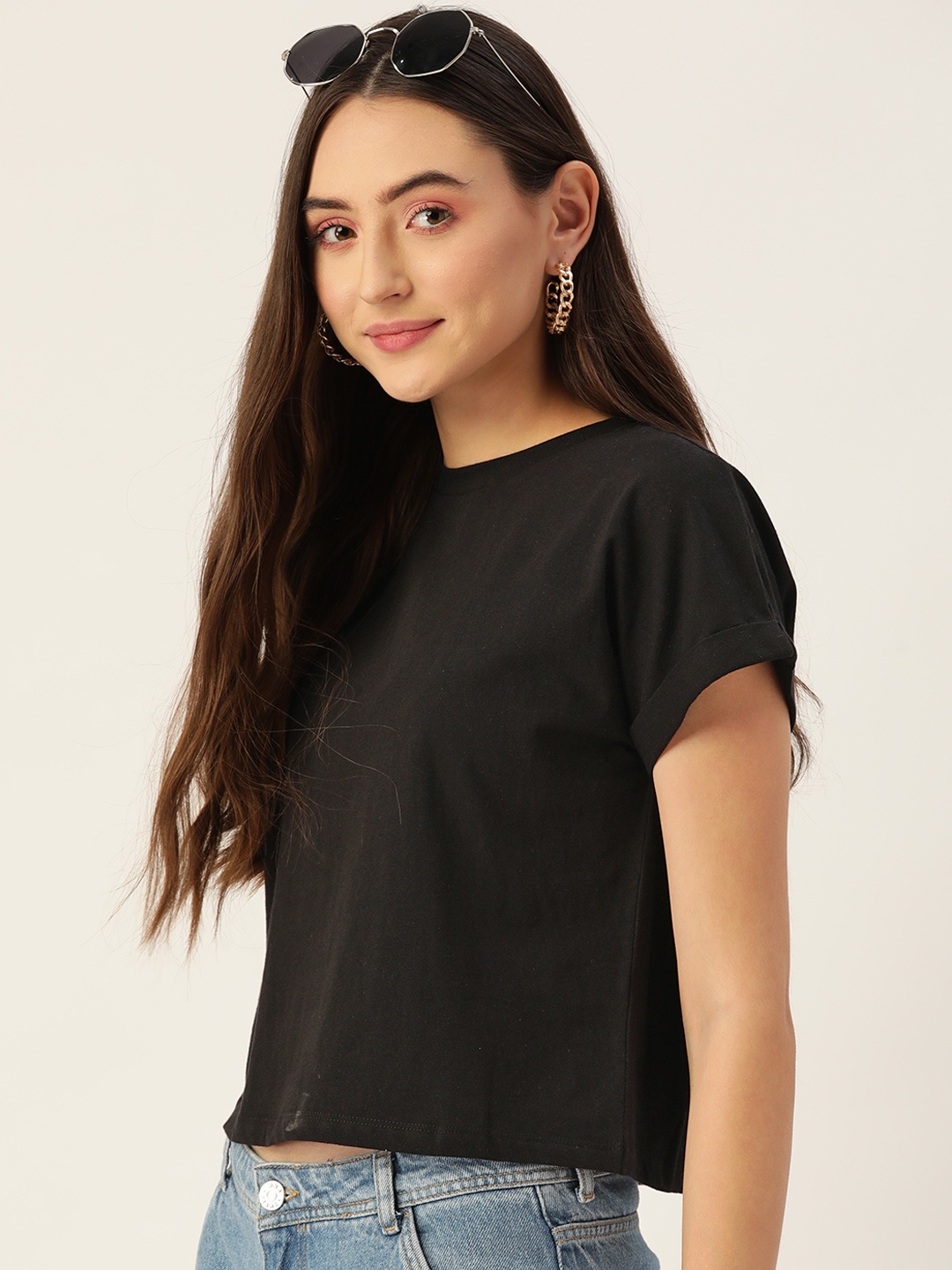 

DressBerry Women Black Pure Cotton Solid Extended Sleeves T-shirt