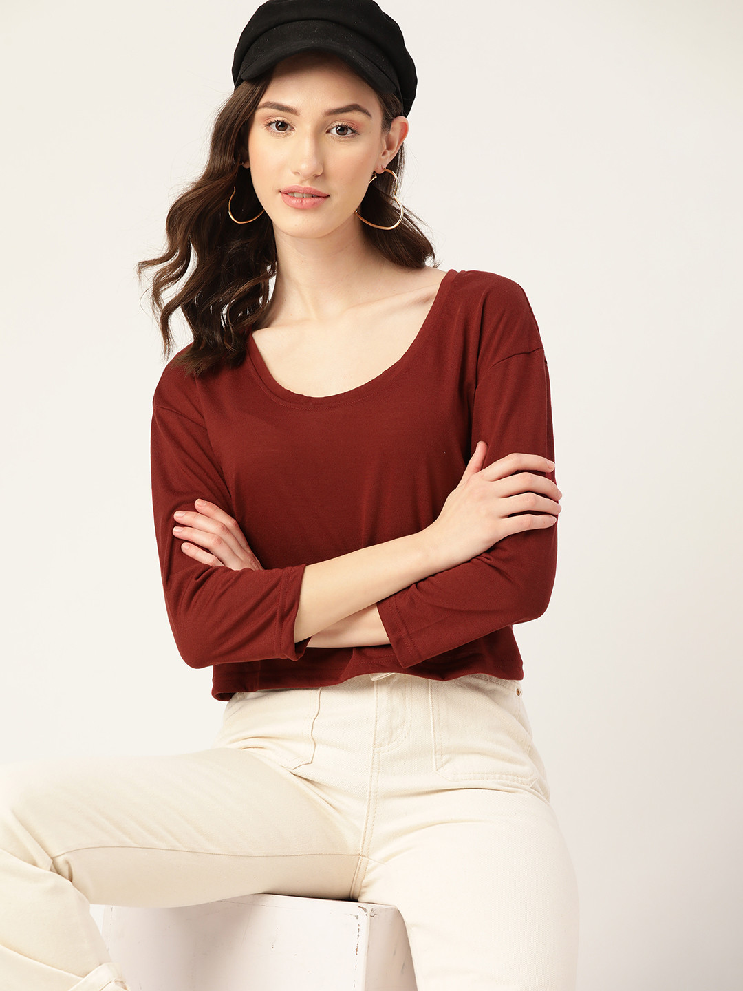 

DressBerry Women Drop-Shoulder Sleeves Boxy T-shirt, Red