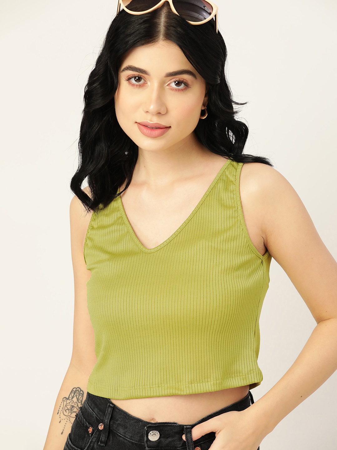 

DressBerry Green V-Neck Sleeveless Crop Top