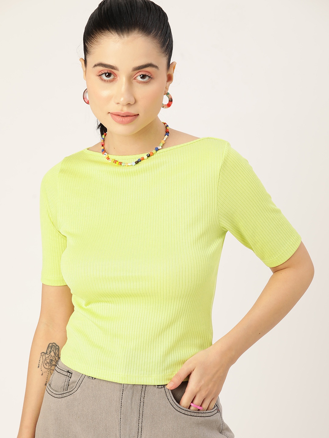 

DressBerry Women Lime Green Solid Boat Neck Fitted Top