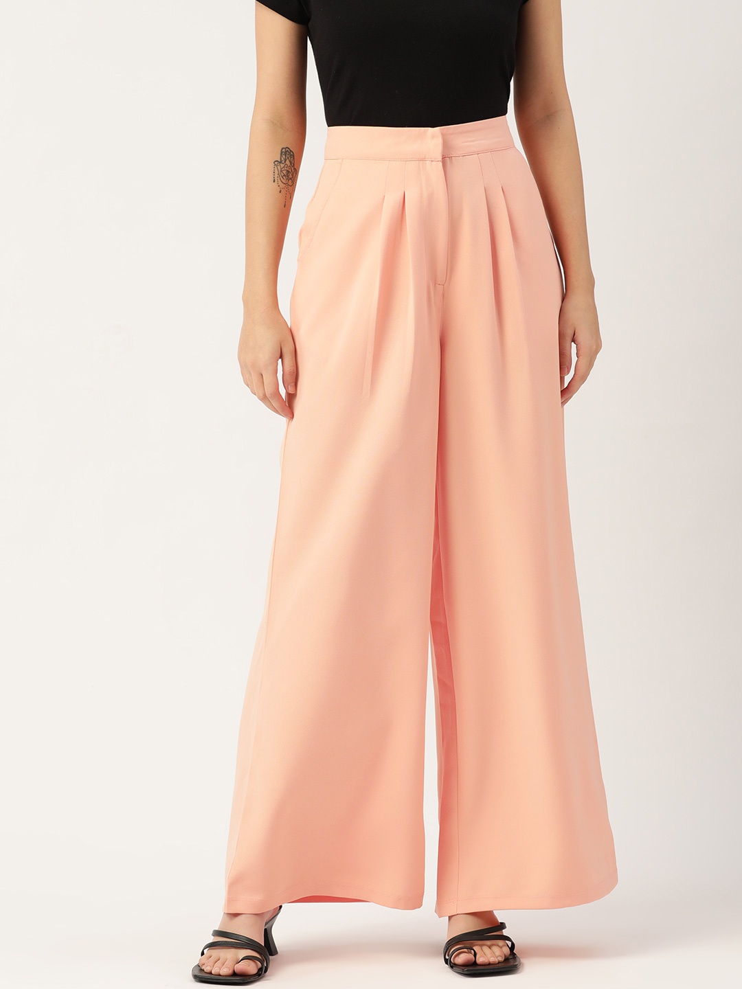 

DressBerry Women Peach-Coloured Flared Pleated Trousers