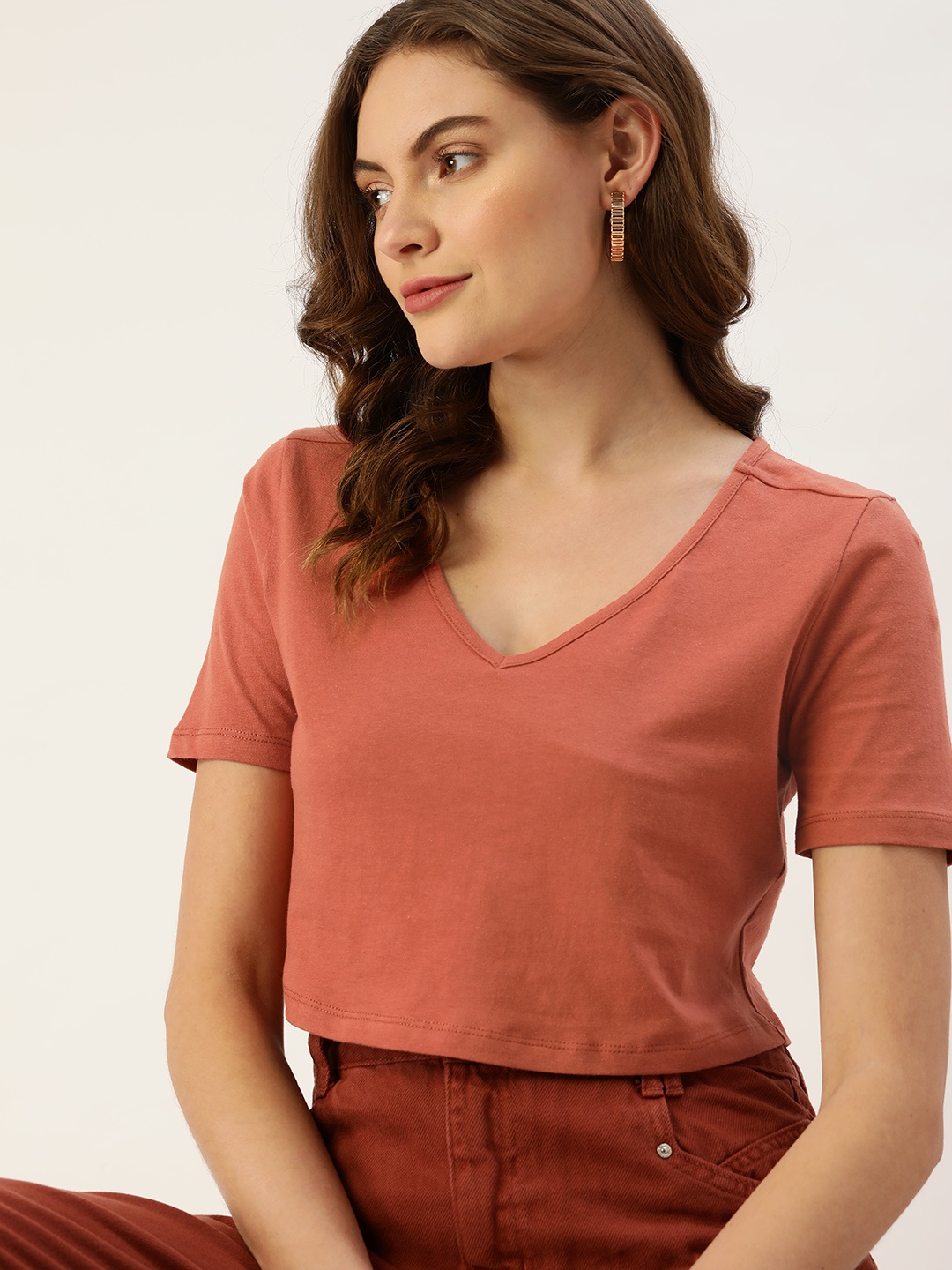 

DressBerry Women Rust Orange V-Neck Pure Cotton Crop T-shirt