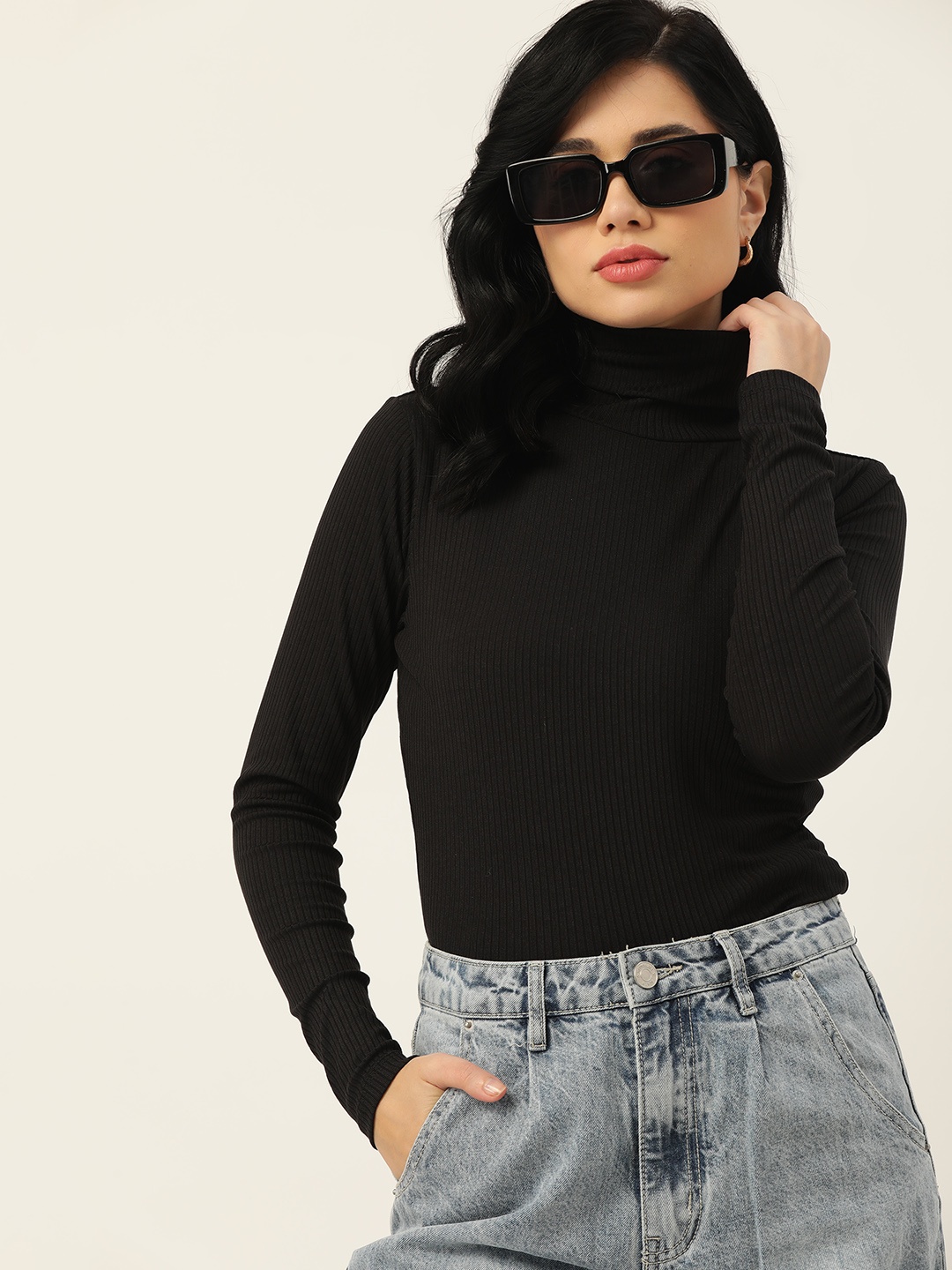

DressBerry Black Self-Striped High-Neck Fitted Top