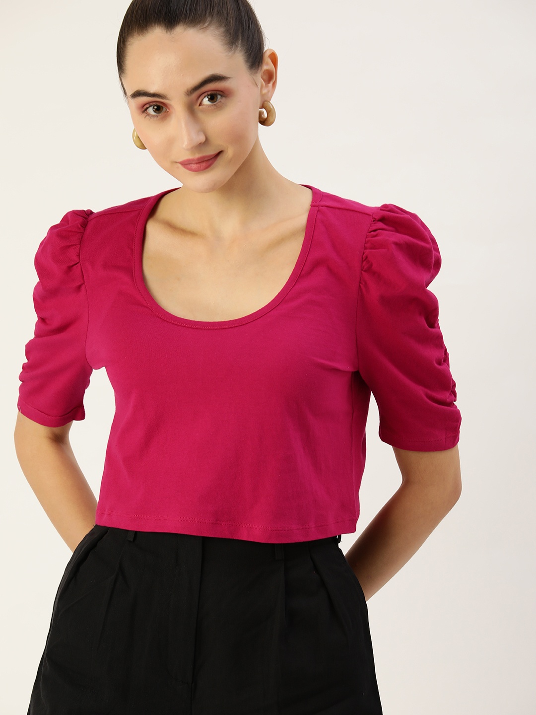 

DressBerry Women Pink Puff Sleeves Pure Cotton Top