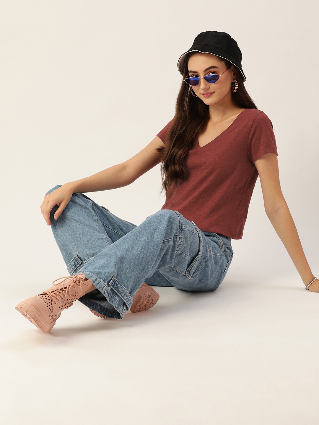 

DressBerry Women Maroon Pure Cotton Solid V-Neck T-shirt