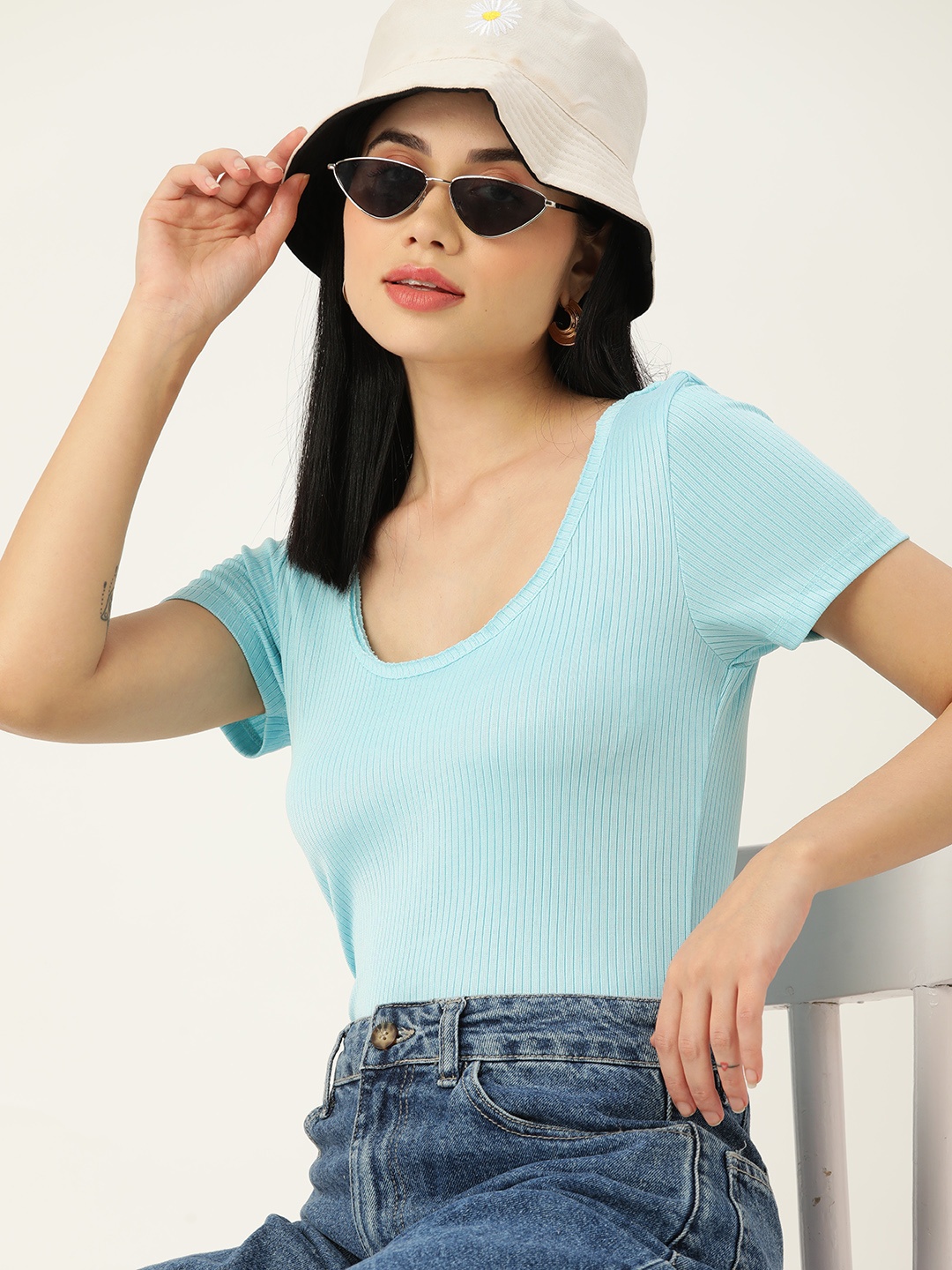 

DressBerry Women Blue Ribbed Scoop Neck Fitted Top