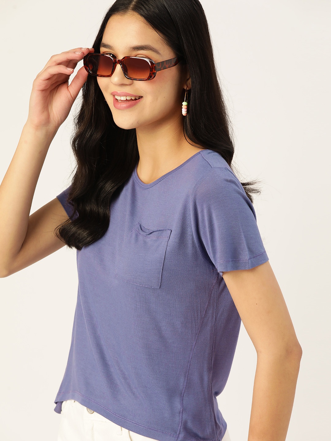 

DressBerry Women Solid Chest Pocket T-shirt, Purple