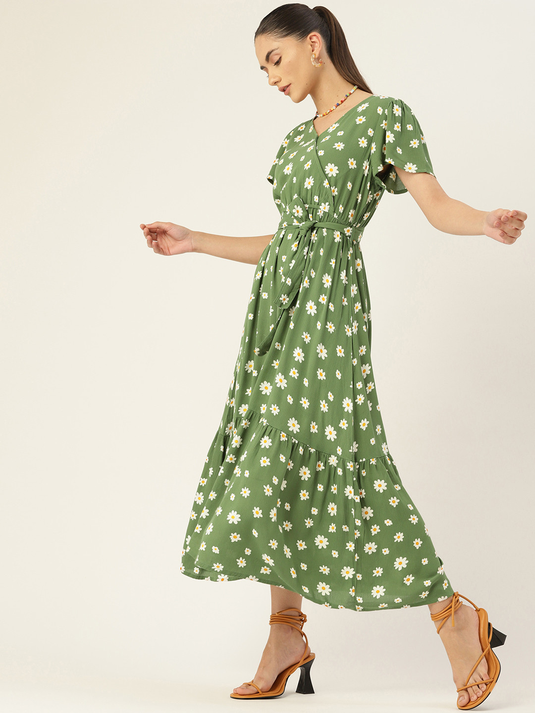 

DressBerry Green & White Floral Maxi Wrap Dress