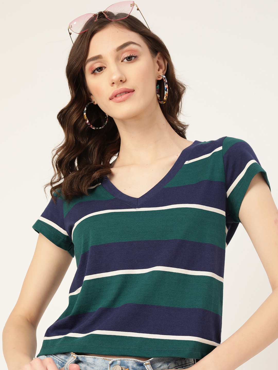 

DressBerry Green & Navy Blue Striped V-Neck Cap Sleeves T-shirt