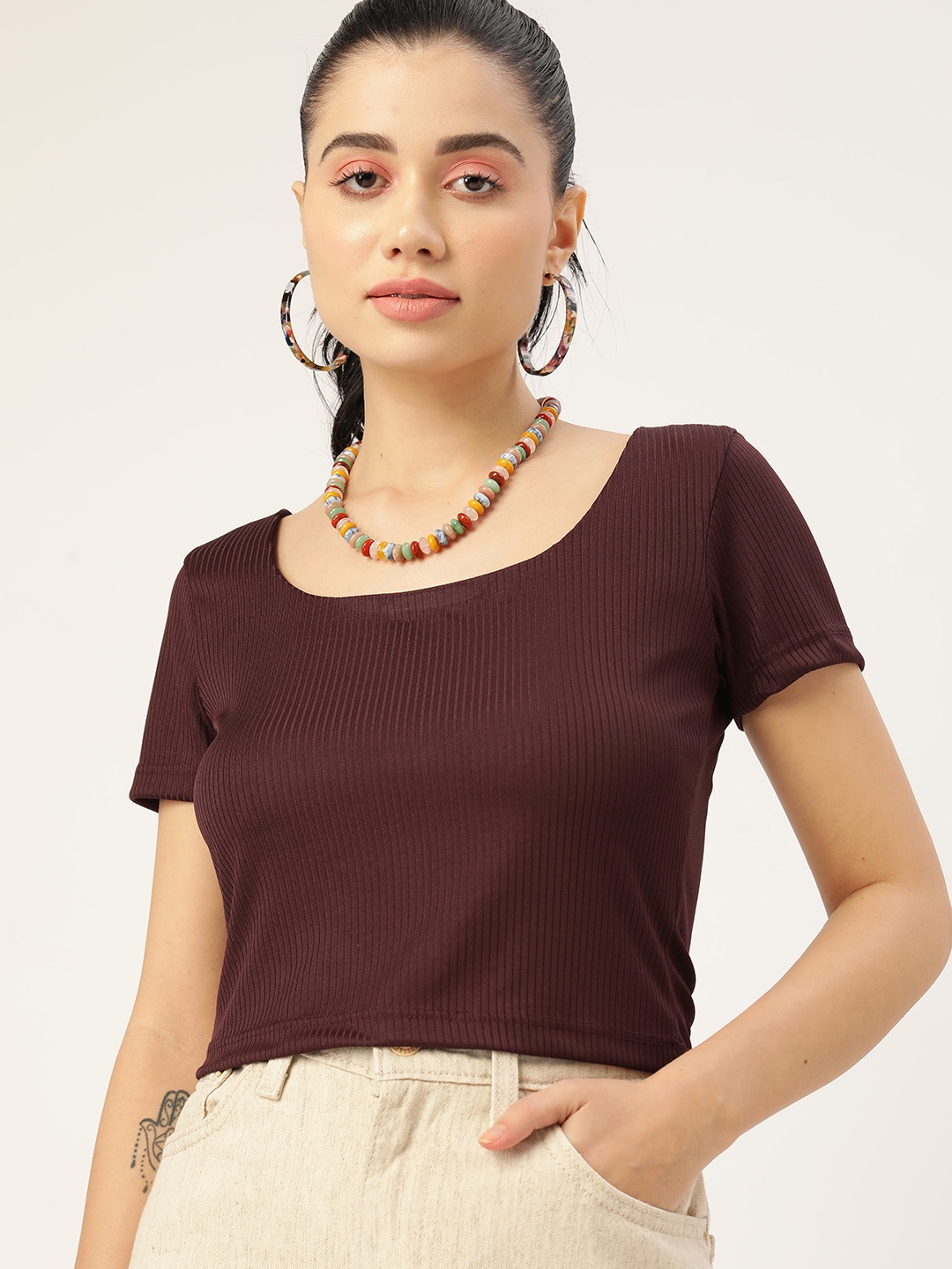 

DressBerry Women Burgundy Solid Square Neck Fitted Top