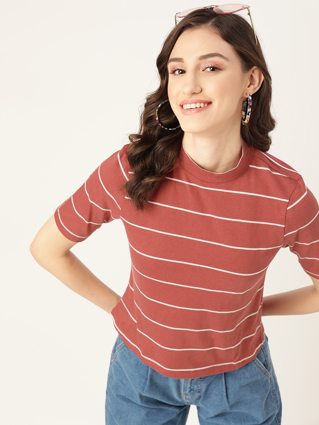 

DressBerry Rust Red & White Striped High Neck Regular Fit T-shirt