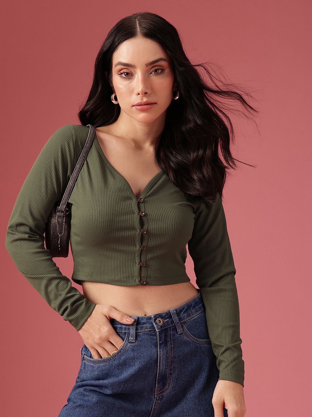 

DressBerry Self Striped V-Neck Crop Top, Olive