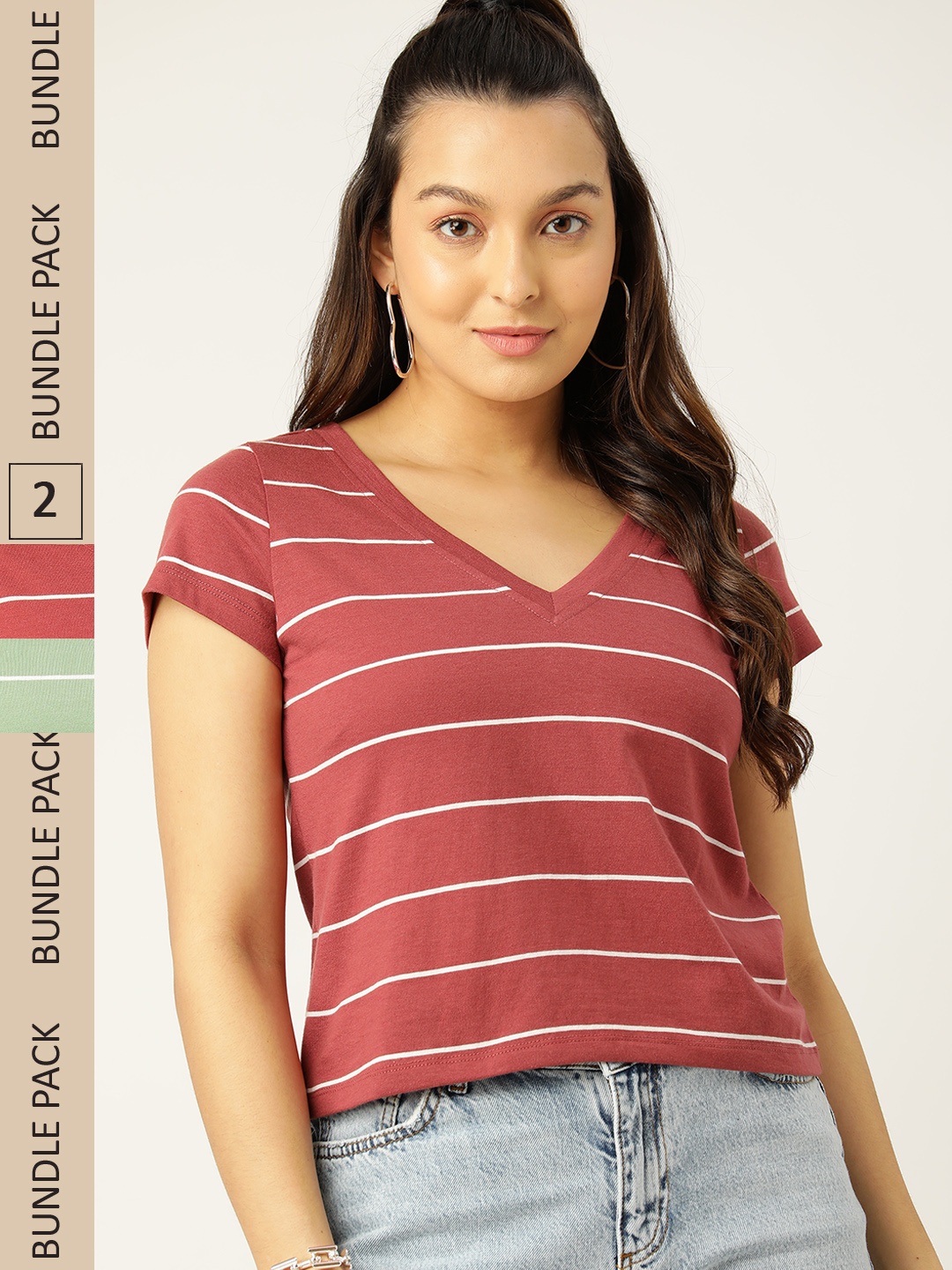 

DressBerry Pack of 2 Striped V-Neck Pure Cotton T-shirt, Red
