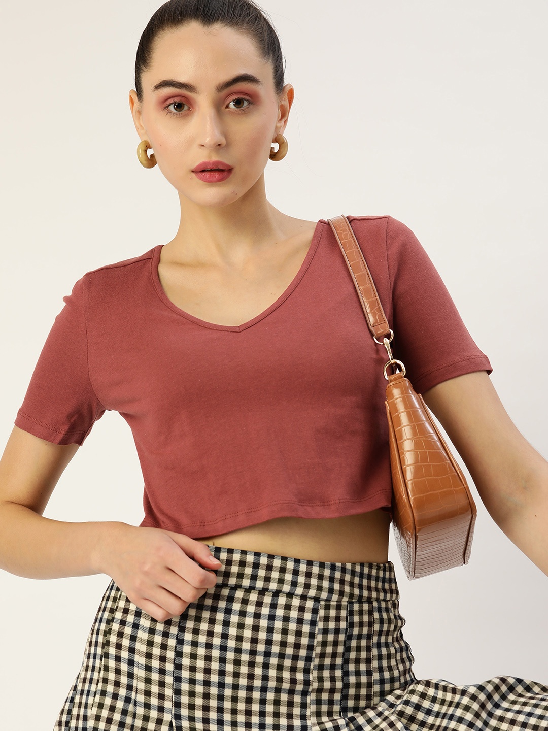 

DressBerry Women Rust Orange V-Neck Pure Cotton Crop T-shirt