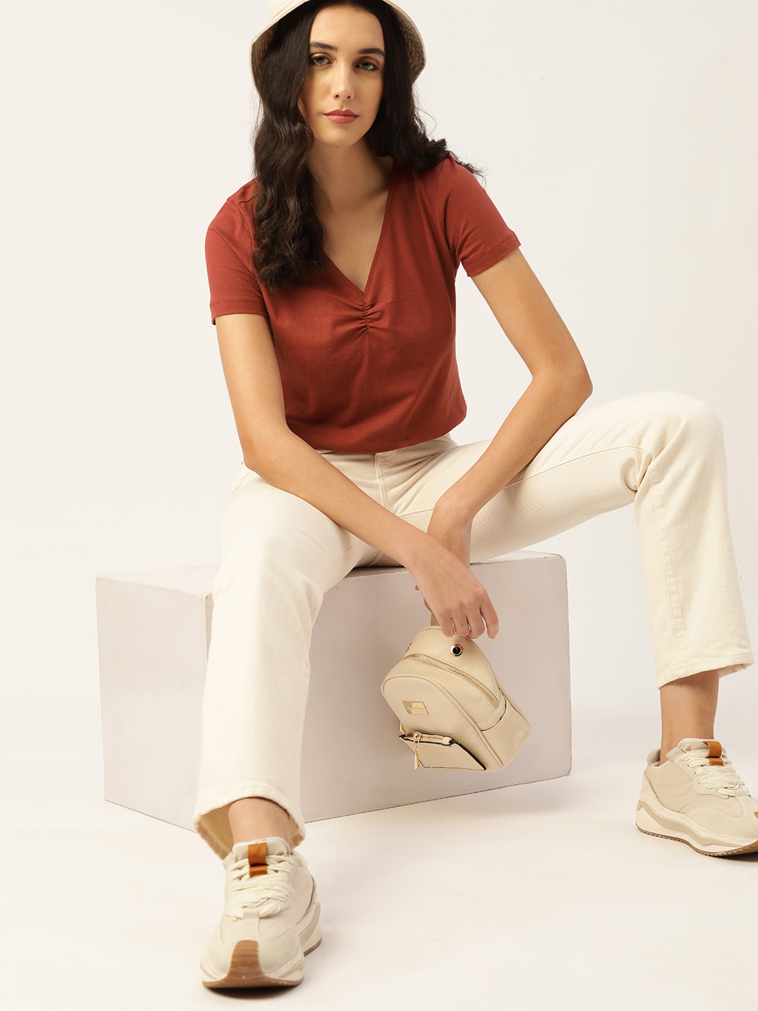 

DressBerry Rust Brown Pure Cotton Ruched Top