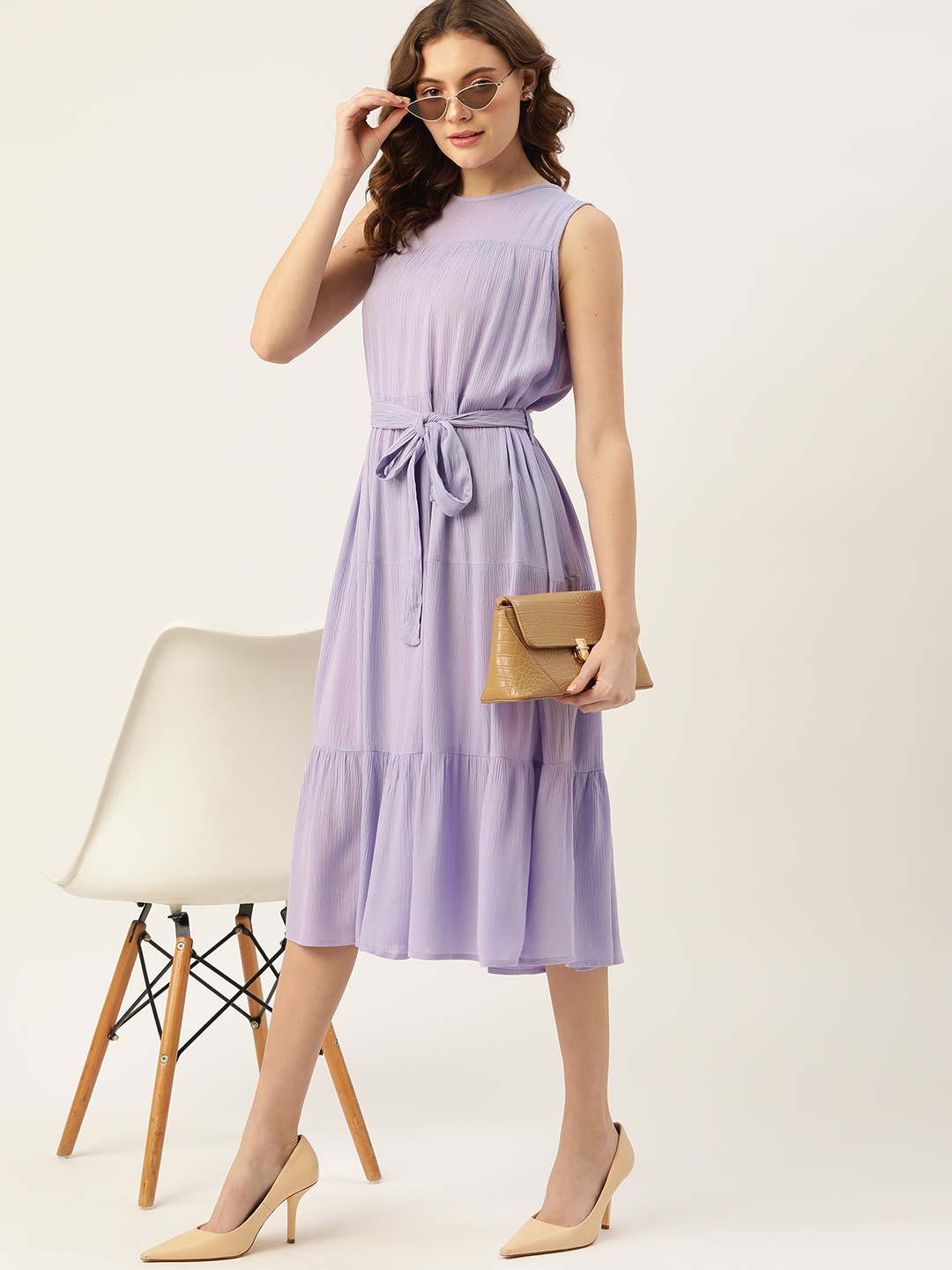 

DressBerry Women Lavender A-Line Midi Dress with A Belt