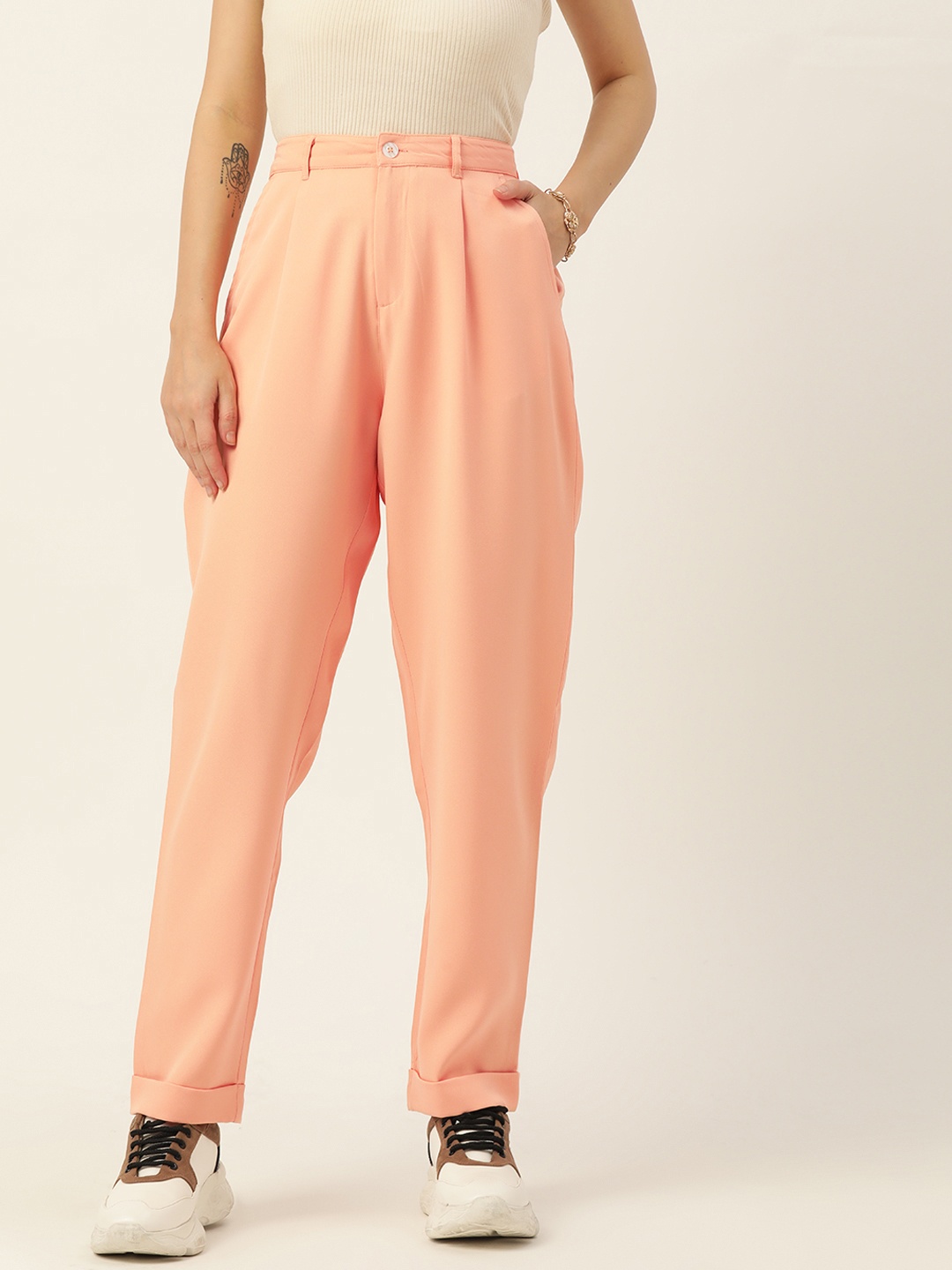 

DressBerry Women Peach-Coloured Solid Pleated Trousers