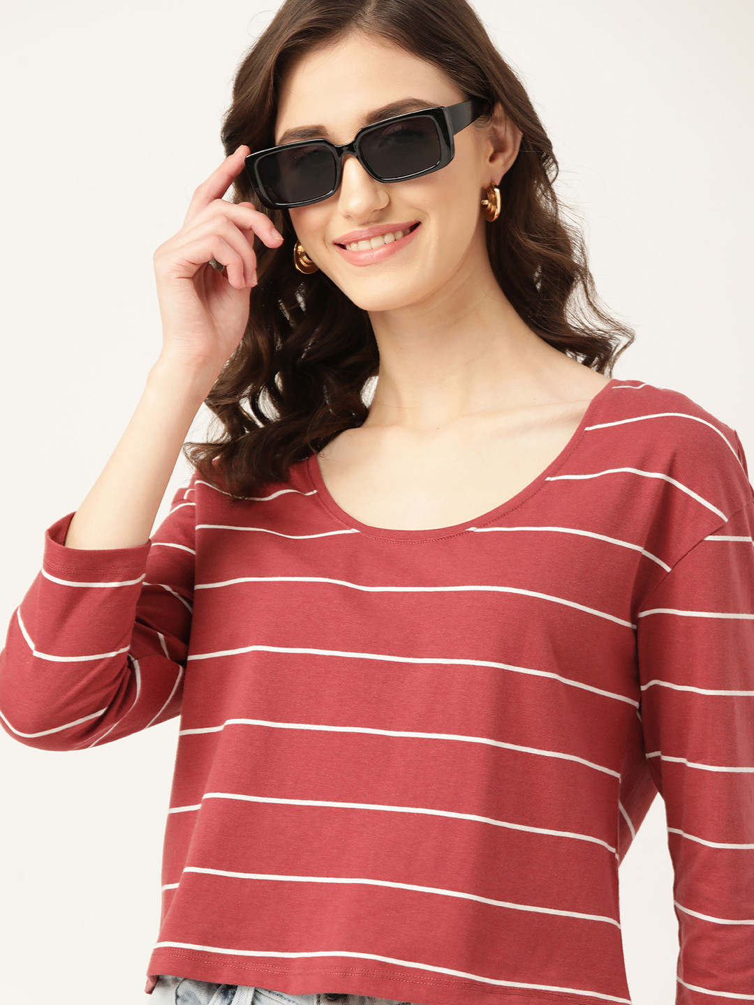 

DressBerry Rust Red & White Striped Scoop Neck Long Drop-Shoulder Sleeves T-shirt