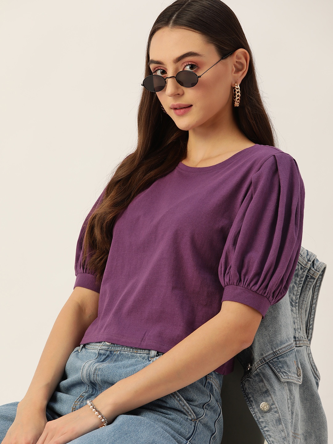 

DressBerry Violet Solid Puff Sleeves Top
