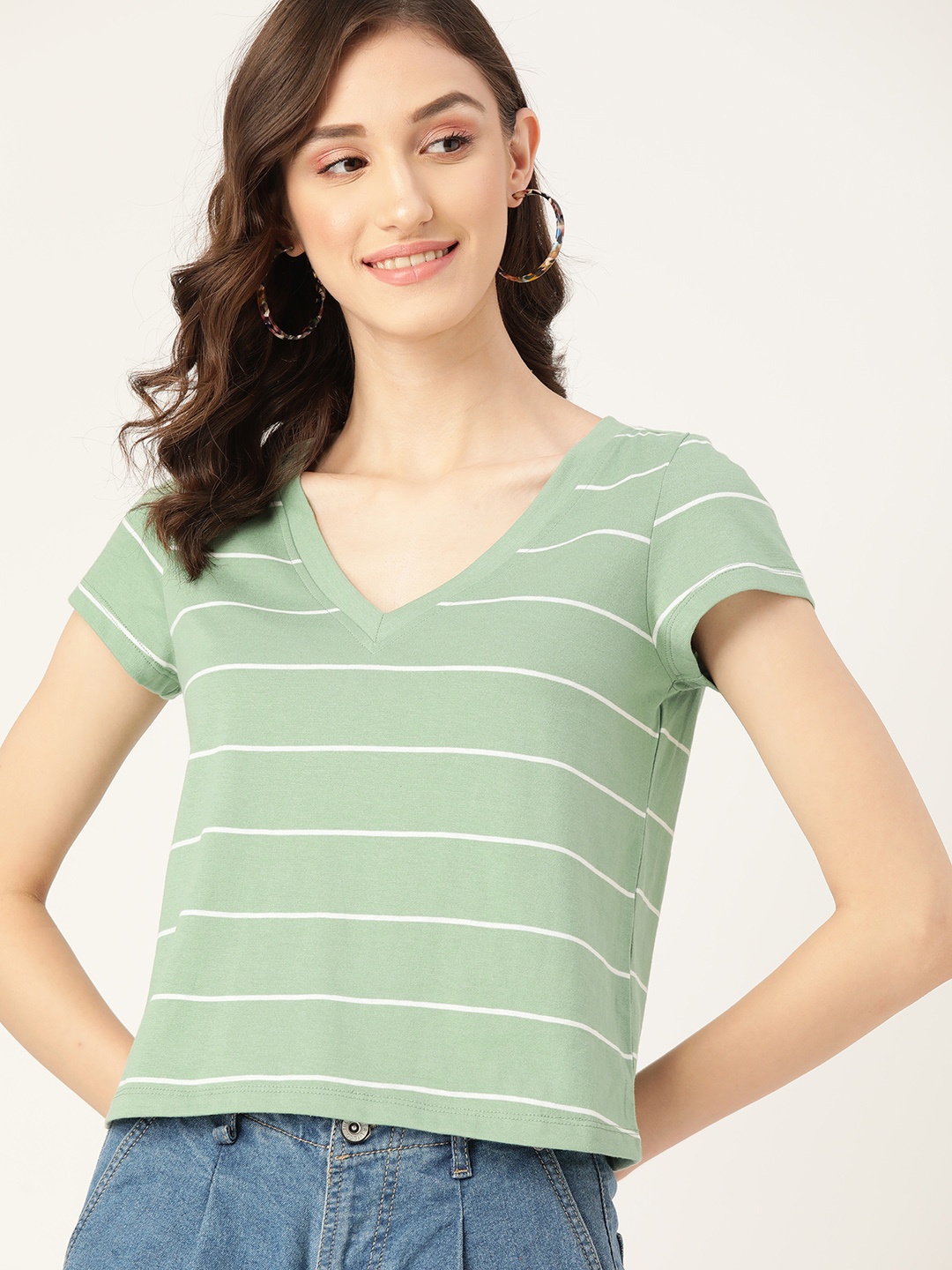 

DressBerry Green & White Striped V-Neck Cap Sleeves T-shirt