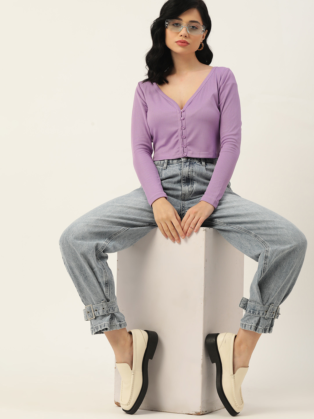 

DressBerry Lavender Self-Striped Regular Crop Top