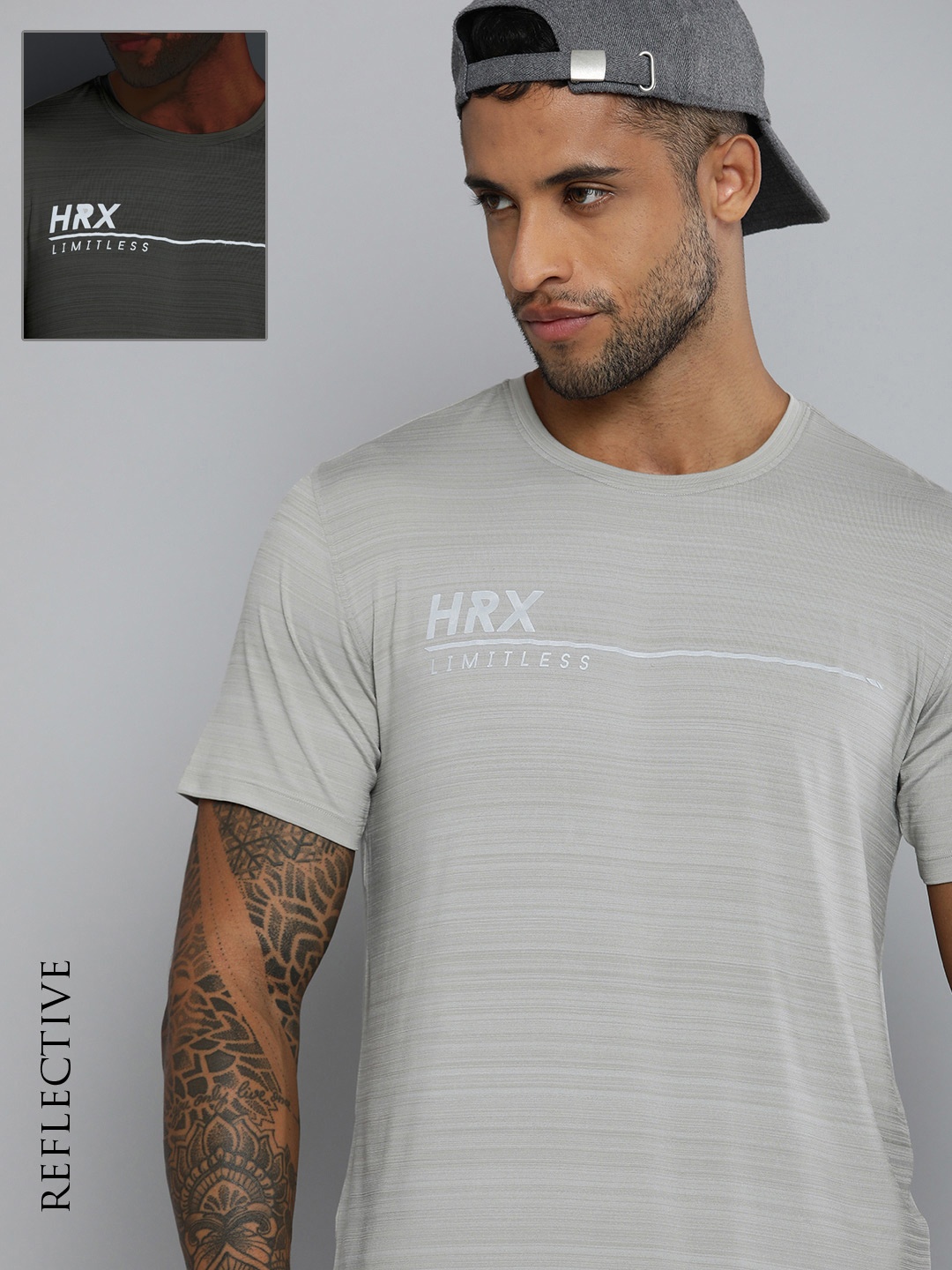 

HRX by Hrithik Roshan Men Grey Melange Striped Rapid Dry T-shirt