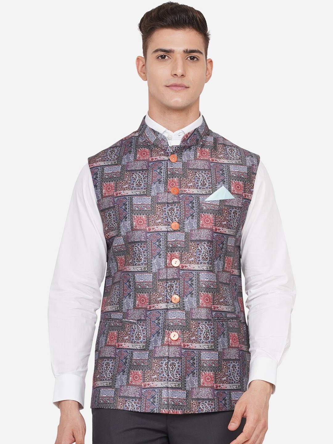 

JB STUDIO Men's Printed Multicolor Terry Wool Regular Fit Bandhgala Jacket, Multi