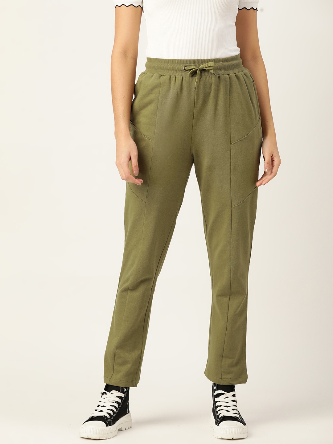 

DressBerry Women Solid Front Seam Detail Pure Cotton Track Pants, Olive