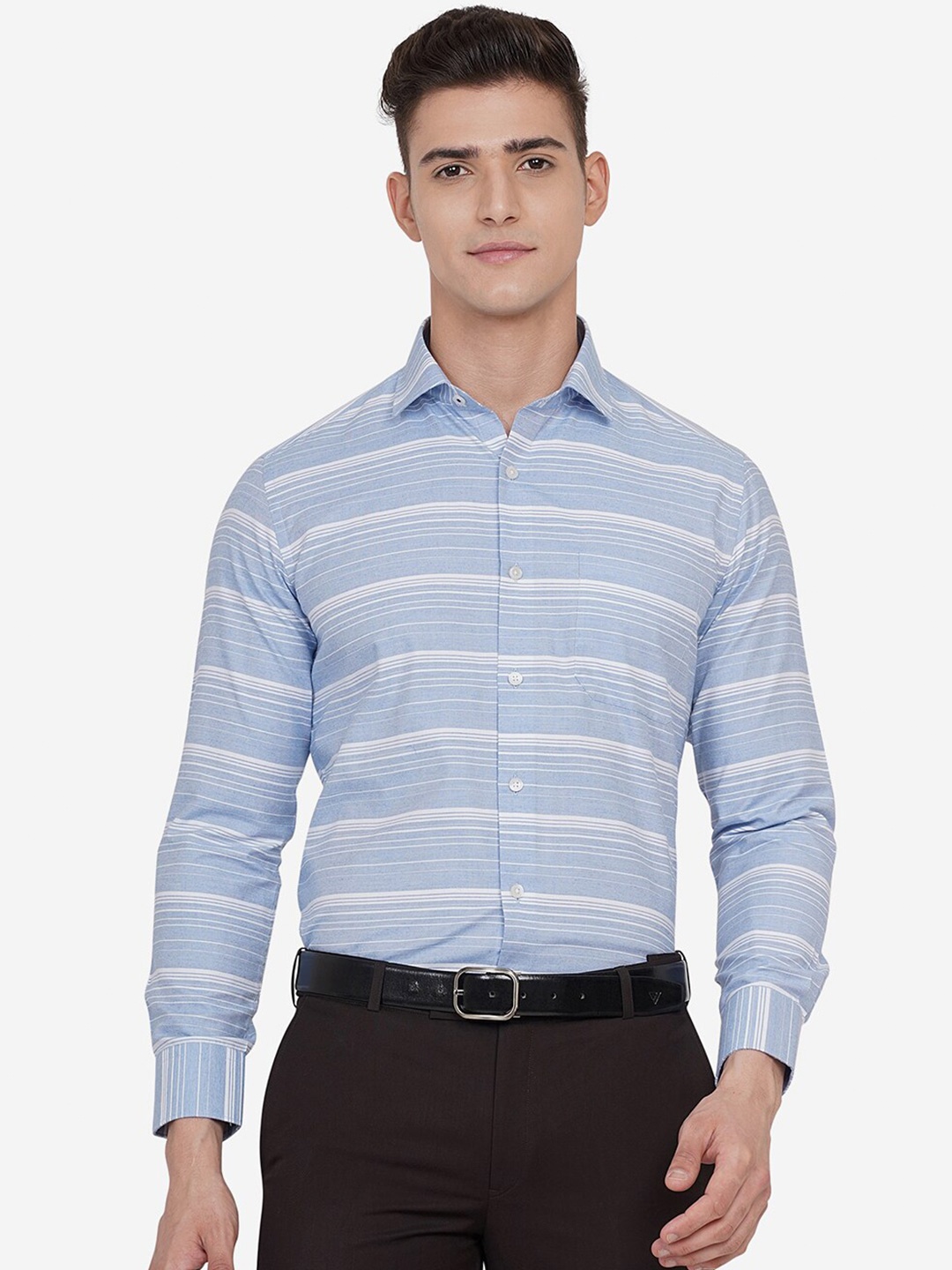 

Greenfibre Men Blue Custom Slim Fit Horizontal Stripes Striped Casual Shirt