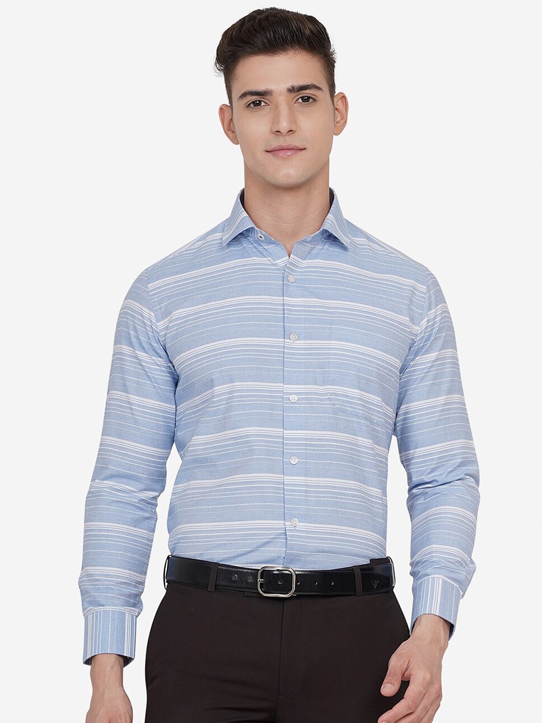 

Greenfibre Men Blue Custom Slim Fit Horizontal Stripes Casual Shirt