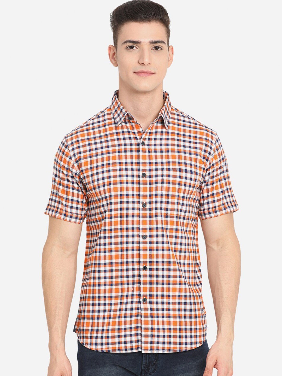 

Greenfibre Men Orange Custom Slim Fit Gingham Checked Cotton Casual Shirt