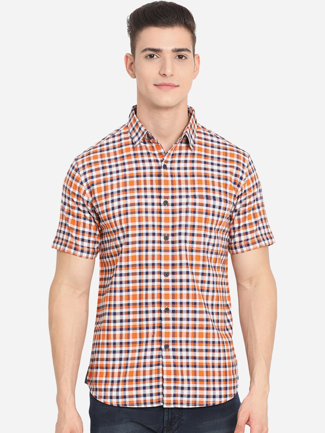 

Greenfibre Men Orange Custom Slim Fit Gingham Checks Checked Casual Shirt