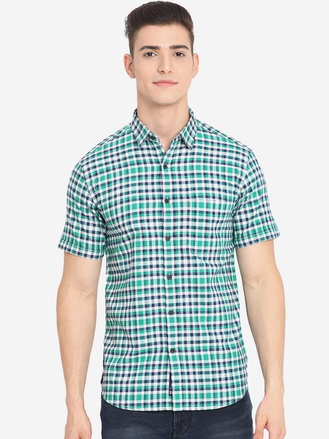 

Greenfibre Men Checked Cotton Custom Slim Fit Casual Shirt, Green
