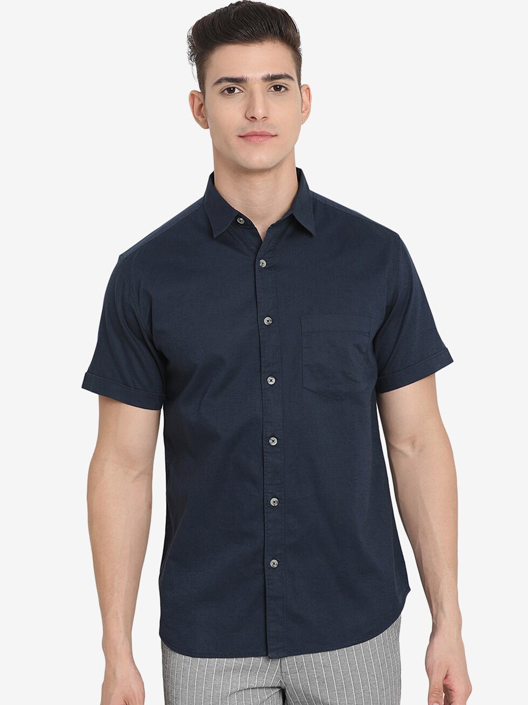 

Greenfibre Men Navy Blue Custom Slim Fit Casual Shirt