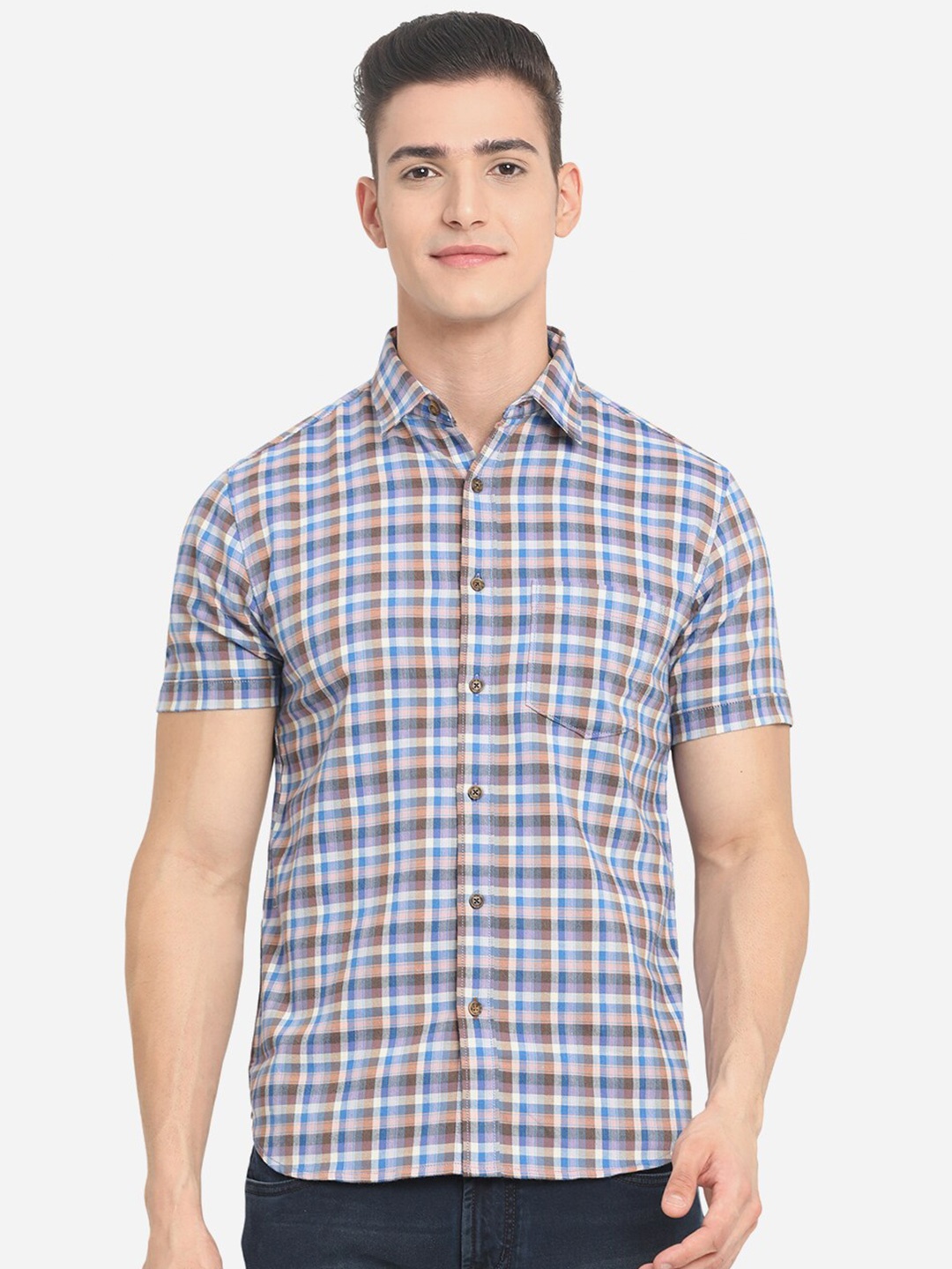 

Greenfibre Men Blue Custom Slim Fit Checked Casual Shirt