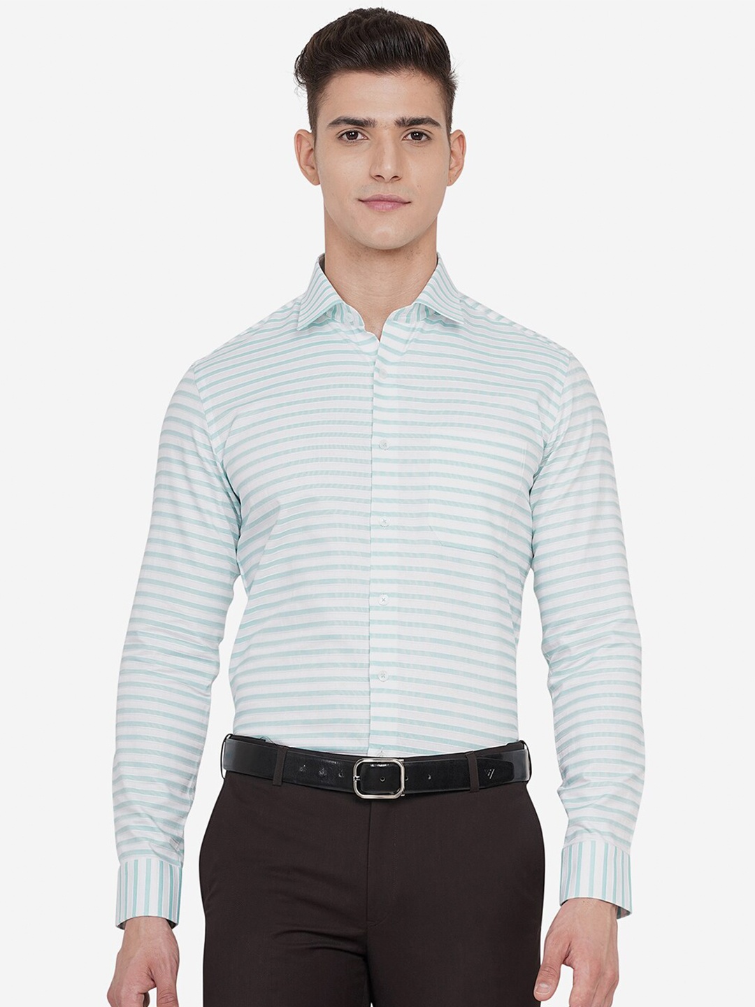 

JADE BLUE Men White Horizontal Striped Custom Slim Fit Cotton Casual Shirt