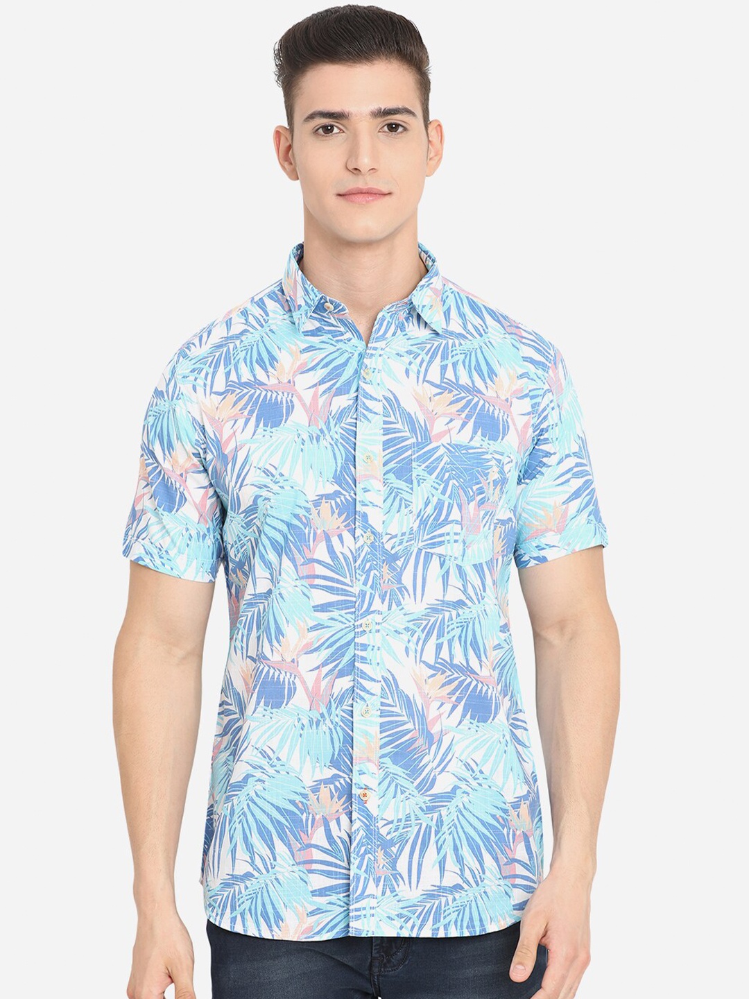 

JADE BLUE Men Blue Custom Slim Fit Floral Printed Tropical Casual Shirt